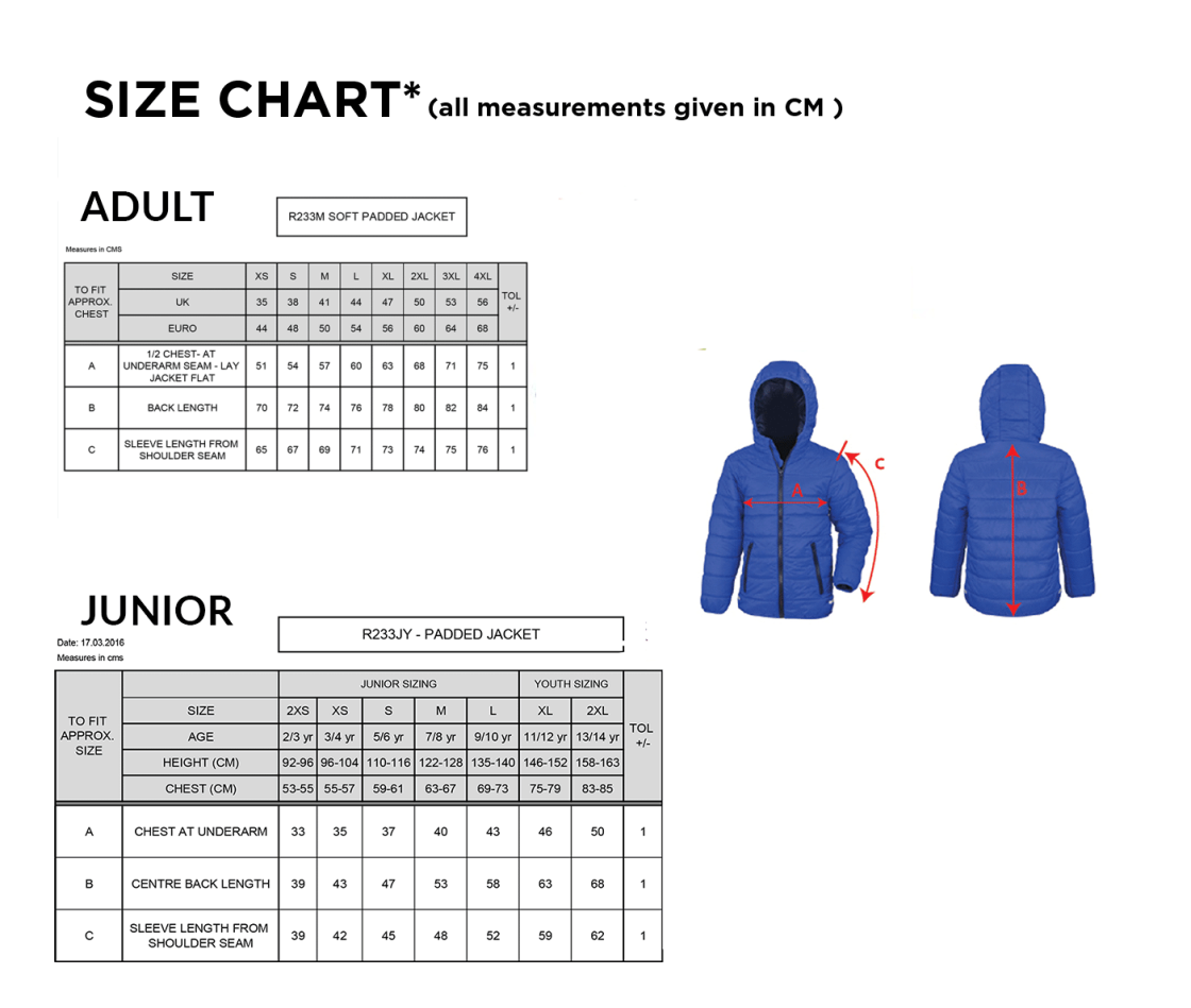 Barts & London - Padded Jacket - Size Guide