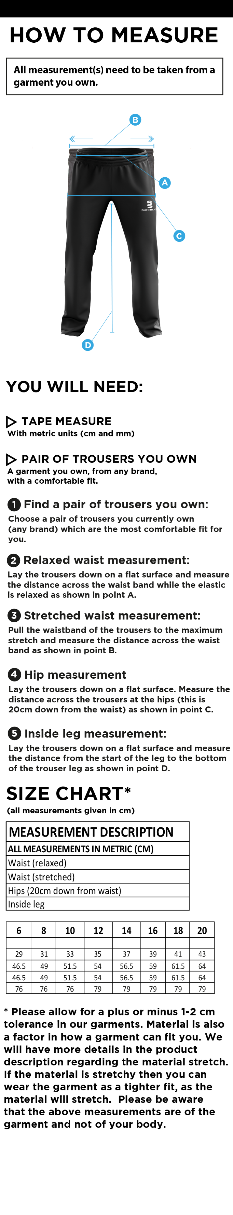 Barts & London - Women's Ripstop Track Pant - Size Guide