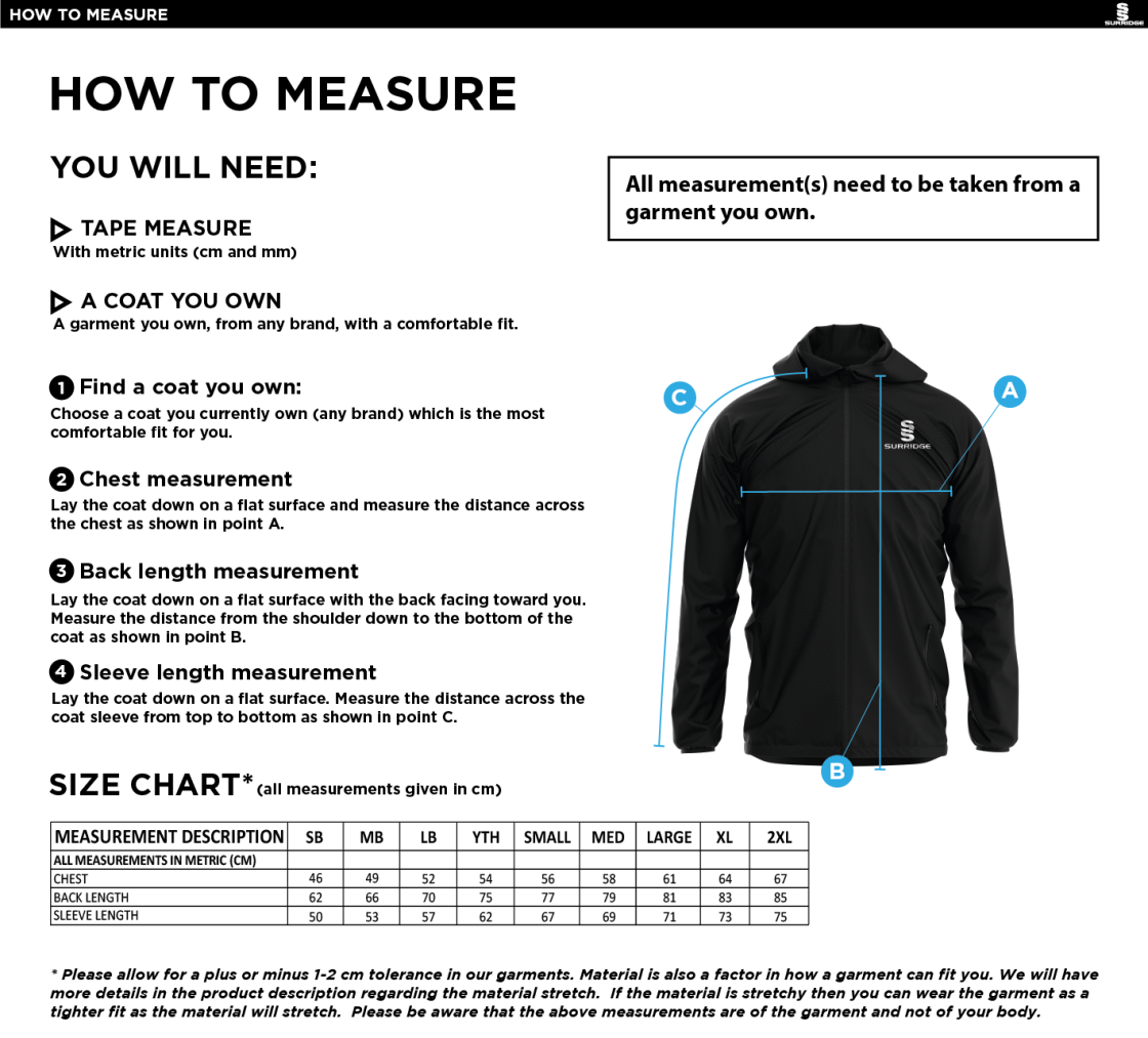 Barts & London - Elite 1/4 Zip Hoody / Rain Jacket - Size Guide