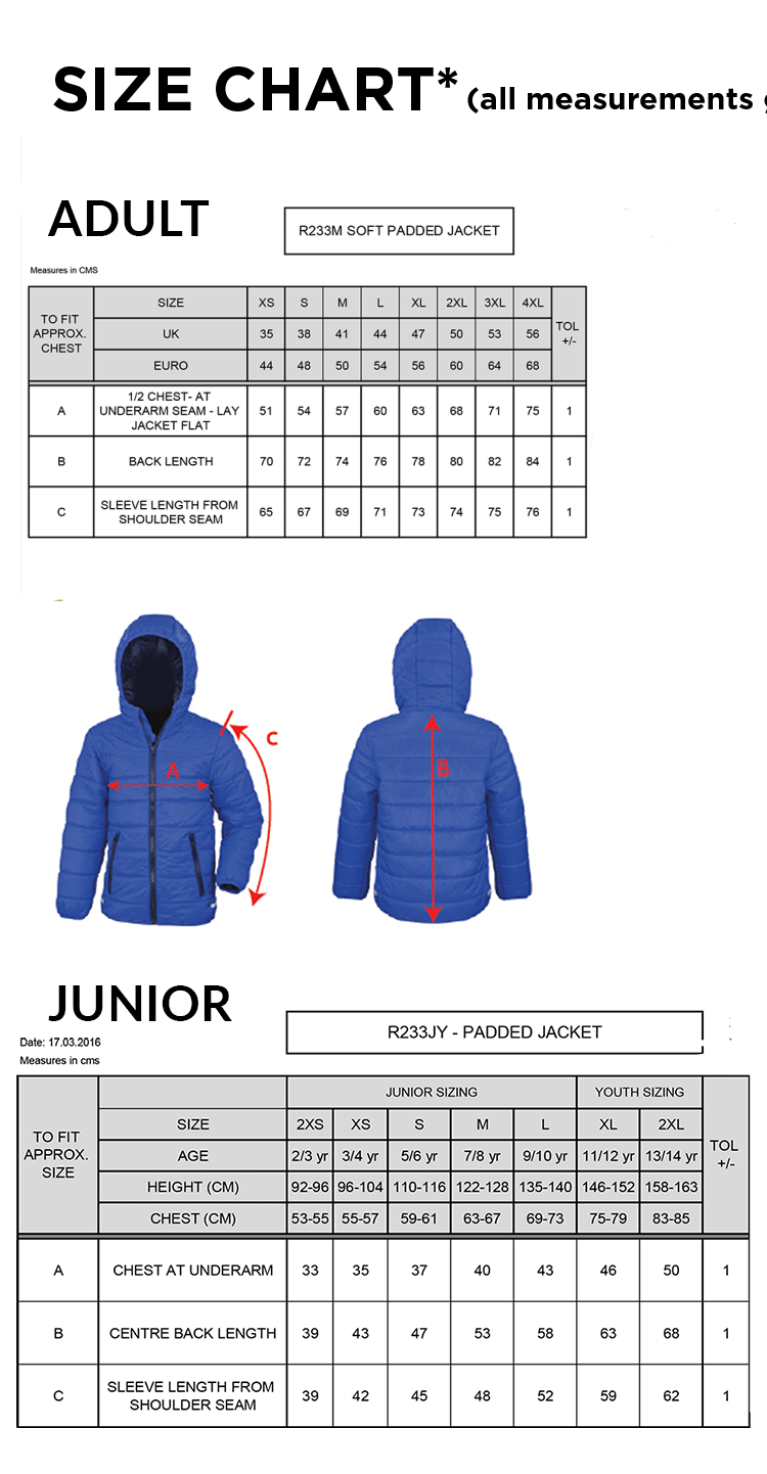 Barts & London - Padded Jacket - Size Guide