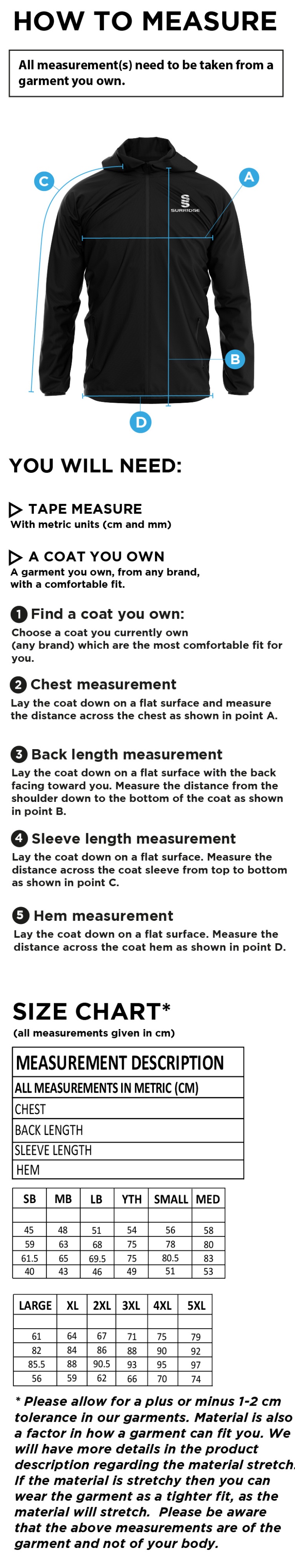 Barts & London - Training Jacket - Size Guide