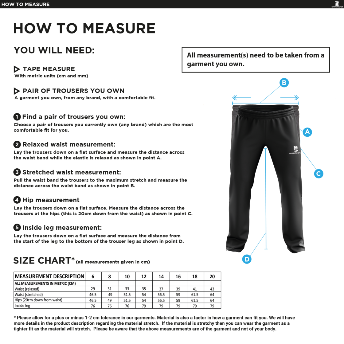 Barts & London - Women's Ripstop Track Pant - Size Guide
