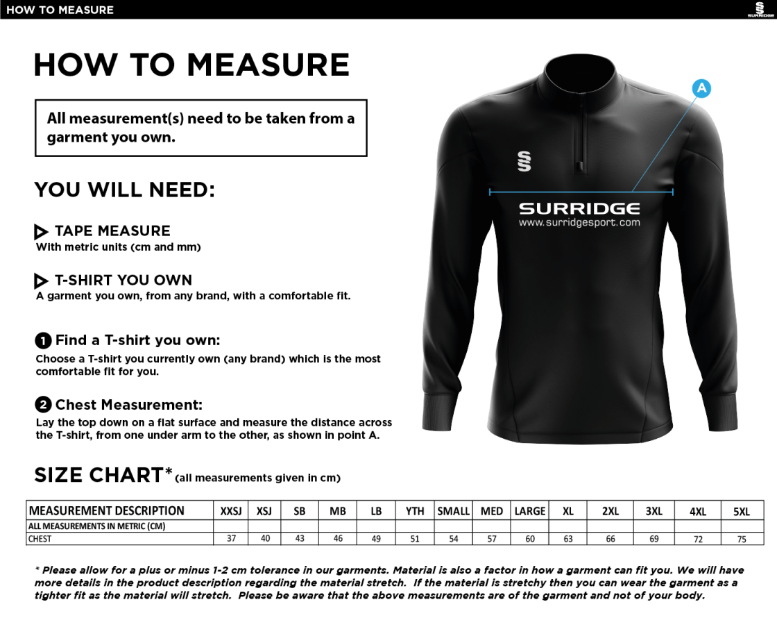 Barts & London - 1/4 Zip Performance Top - Size Guide
