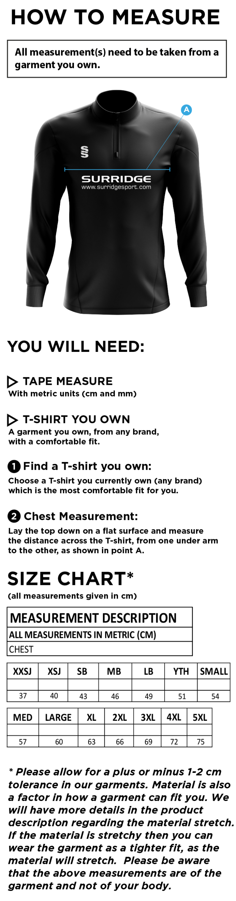 Barts & London - 1/4 Zip Performance Top - Size Guide