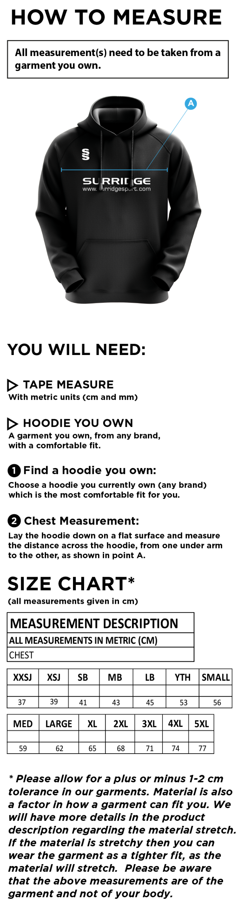 Barts & London - Overhead Hoodie - Size Guide