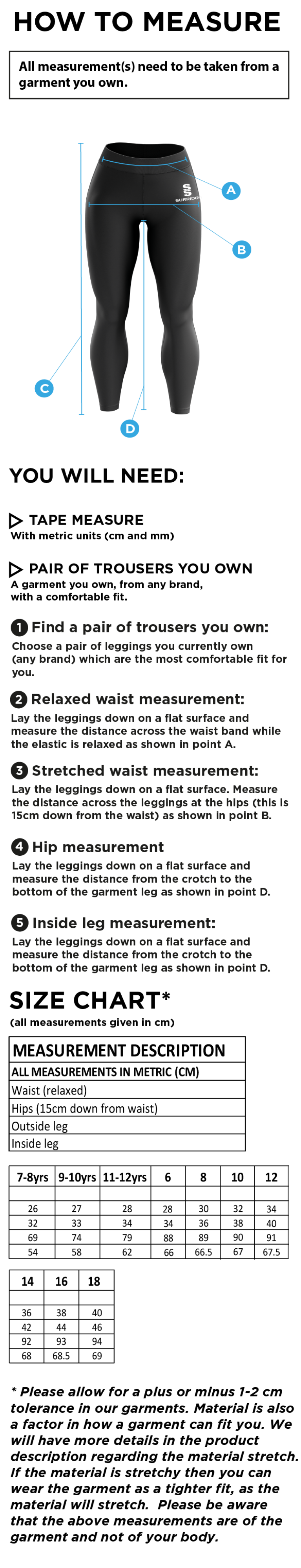 Barts & London - Performance Full Length Leggings - Size Guide