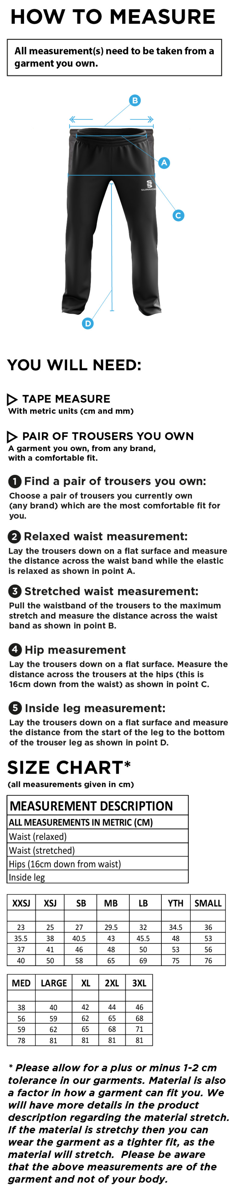Barts & London - Men's Poplin Track Pant - Size Guide