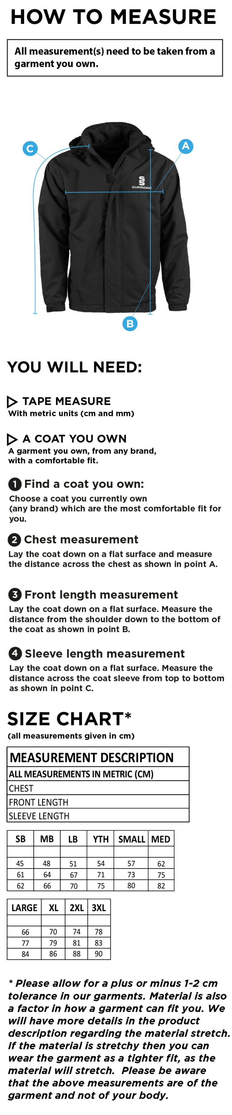 Barts & London - Fleece Lined Jacket - Size Guide