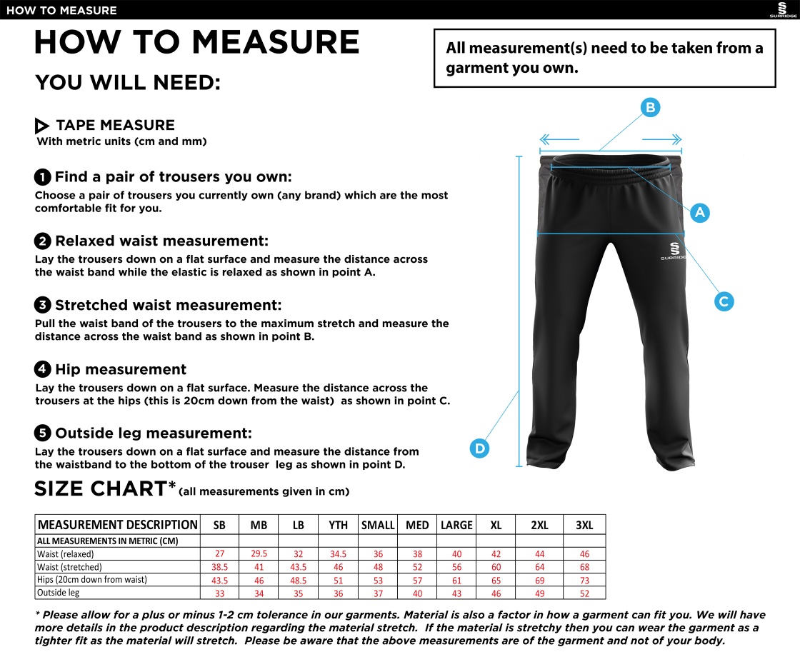 Barts & London - Men's Rip Stop Track Pant - Size Guide