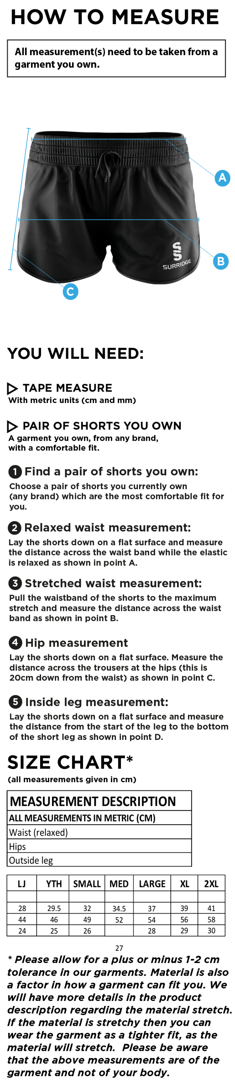 Barts & London - Women's Dual Active Short - Size Guide