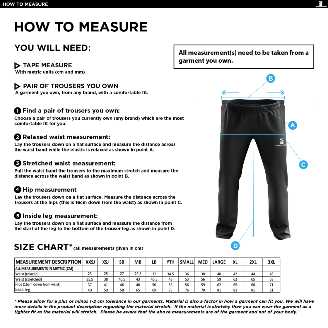 Barts & London - Men's Poplin Track Pant - Size Guide